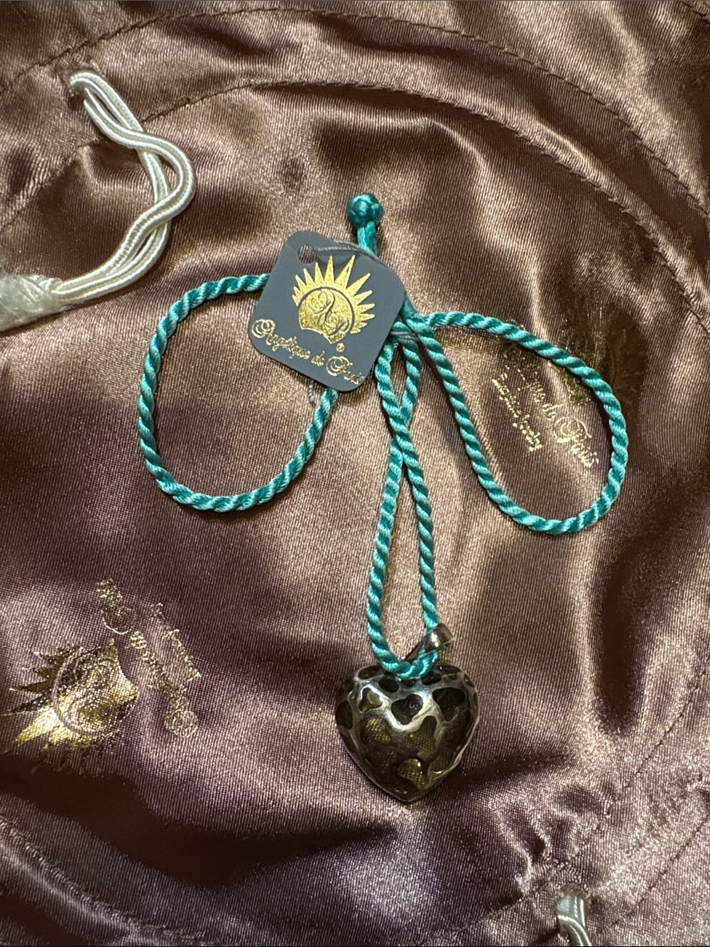 Angelique de Paris Heart Pendant Necklace on Teal Braided Cord
